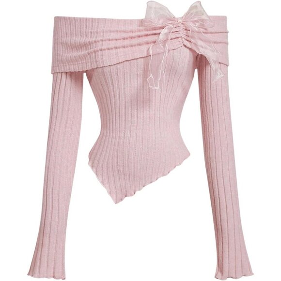 Tops - Women's Off Shoulder Crop Top Long Sleeve Bow Ruched Shirt for Casual